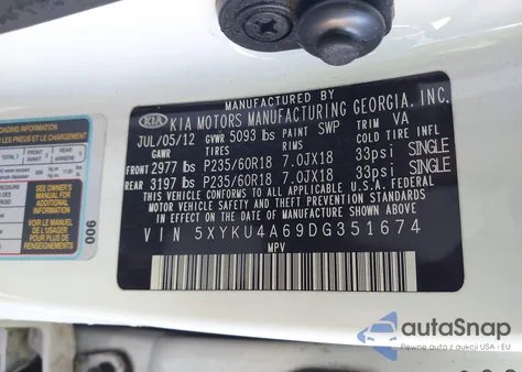 2013 Kia Sorento Ex from USA, damaged, VIN 5XYKU4A69DG351674